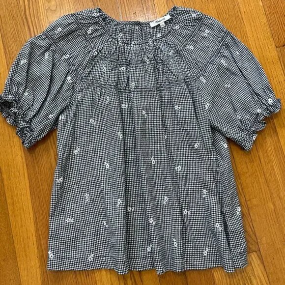 Madewell Embroidered Gingham Shirred Puff-Sleeve Top Medium - Picture 7 of 7